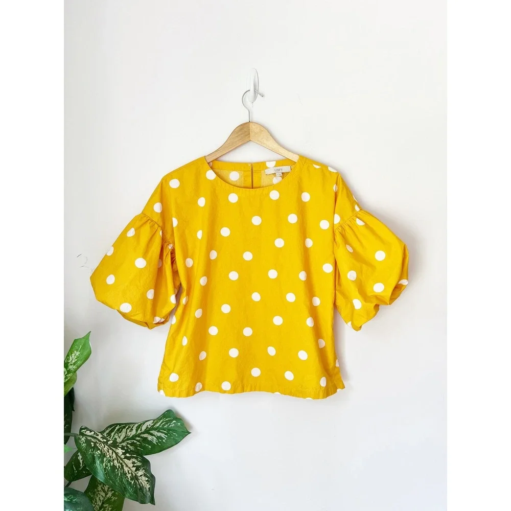 LOFT Polka Dot Blouse Yellow Puff Sleeve Retro Cotton Top Dopamine Mod Sunny M